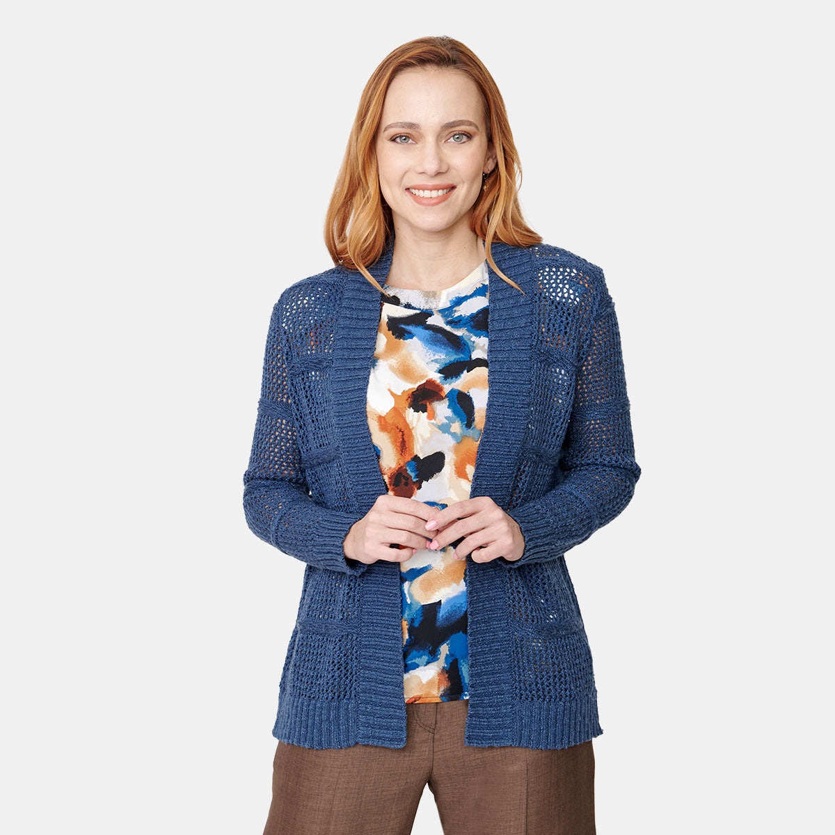 Cardigan tejido calado para dama en color azul marino Vitos