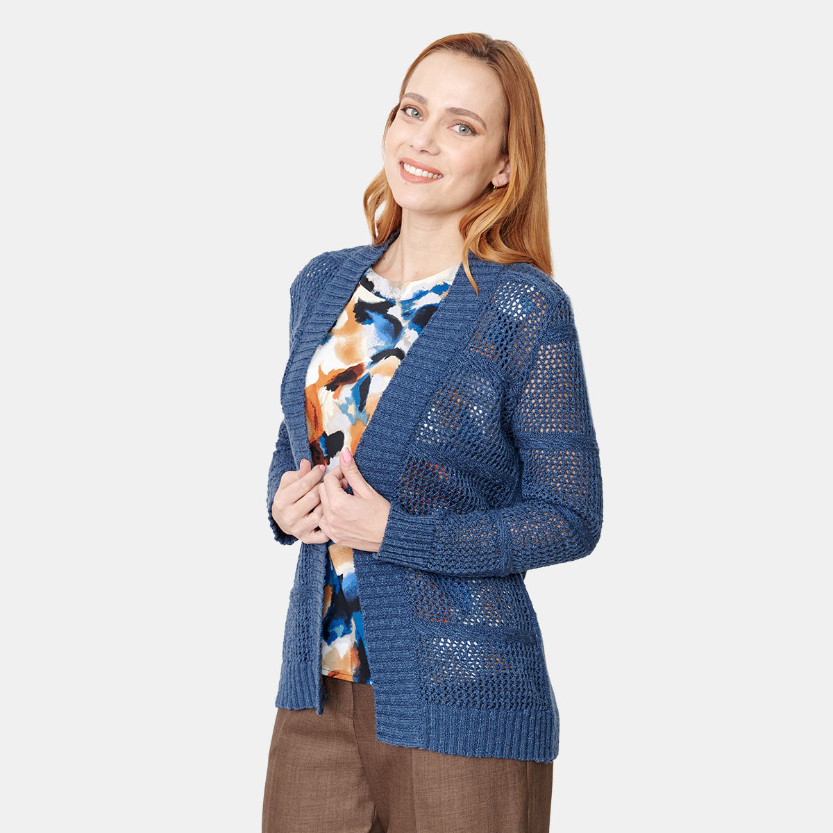 Cardigan tejido calado para dama en color azul marino Vitos