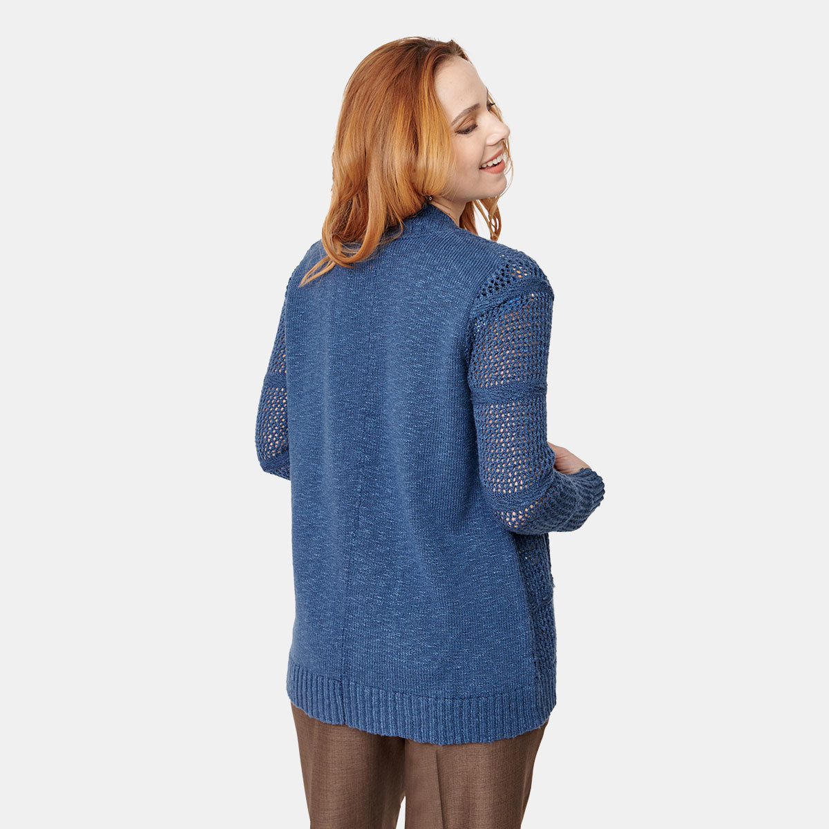 Cardigan tejido calado para dama en color azul marino Vitos
