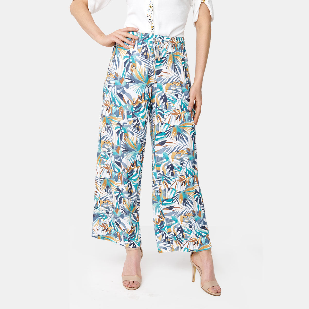 Pantalón estilo amplio con estampado tropical color turquesa para dama marca Vitos