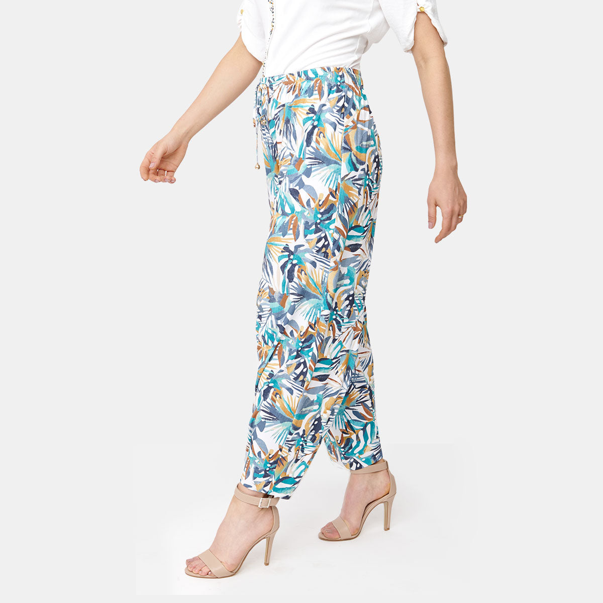 Pantalón estilo amplio con estampado tropical color turquesa para dama marca Vitos