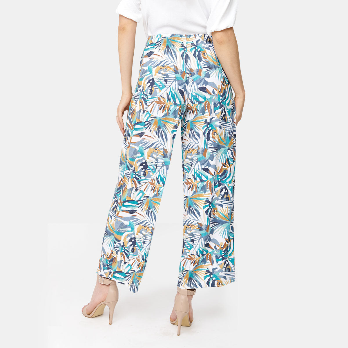 Pantalón estilo amplio con estampado tropical color turquesa para dama marca Vitos