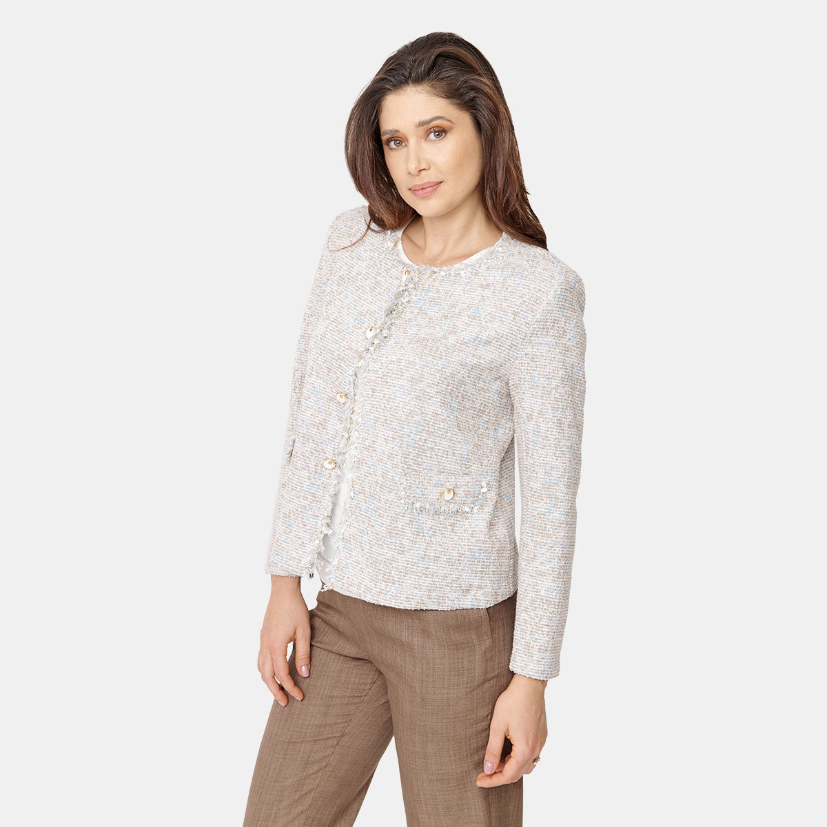 Saco estilo coco de tweed con bolsas marca Vitos