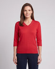 Blusa punto escote V calado manga 3/4, color escarlata - Vitos