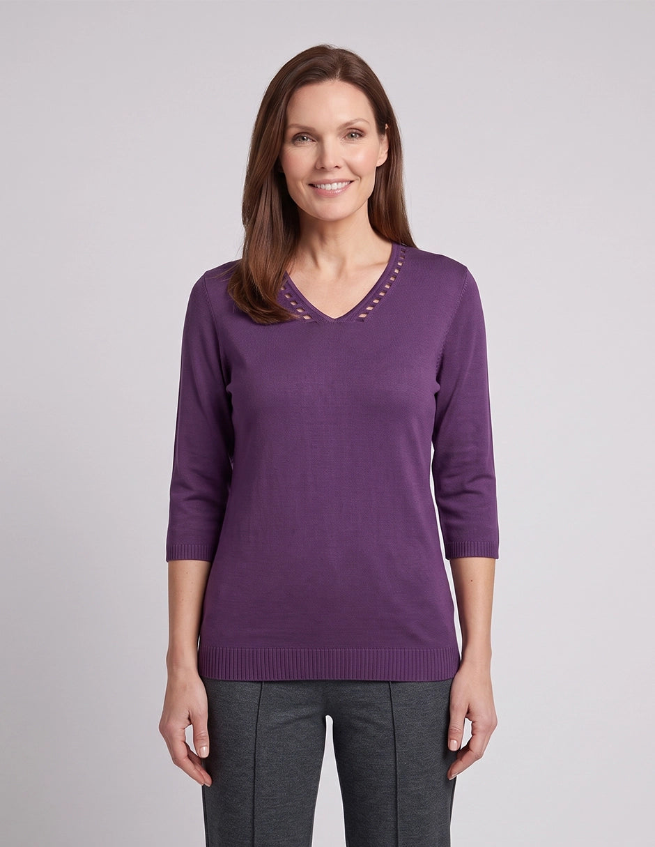 Blusa punto escote V calado manga 3/4 - Vitos