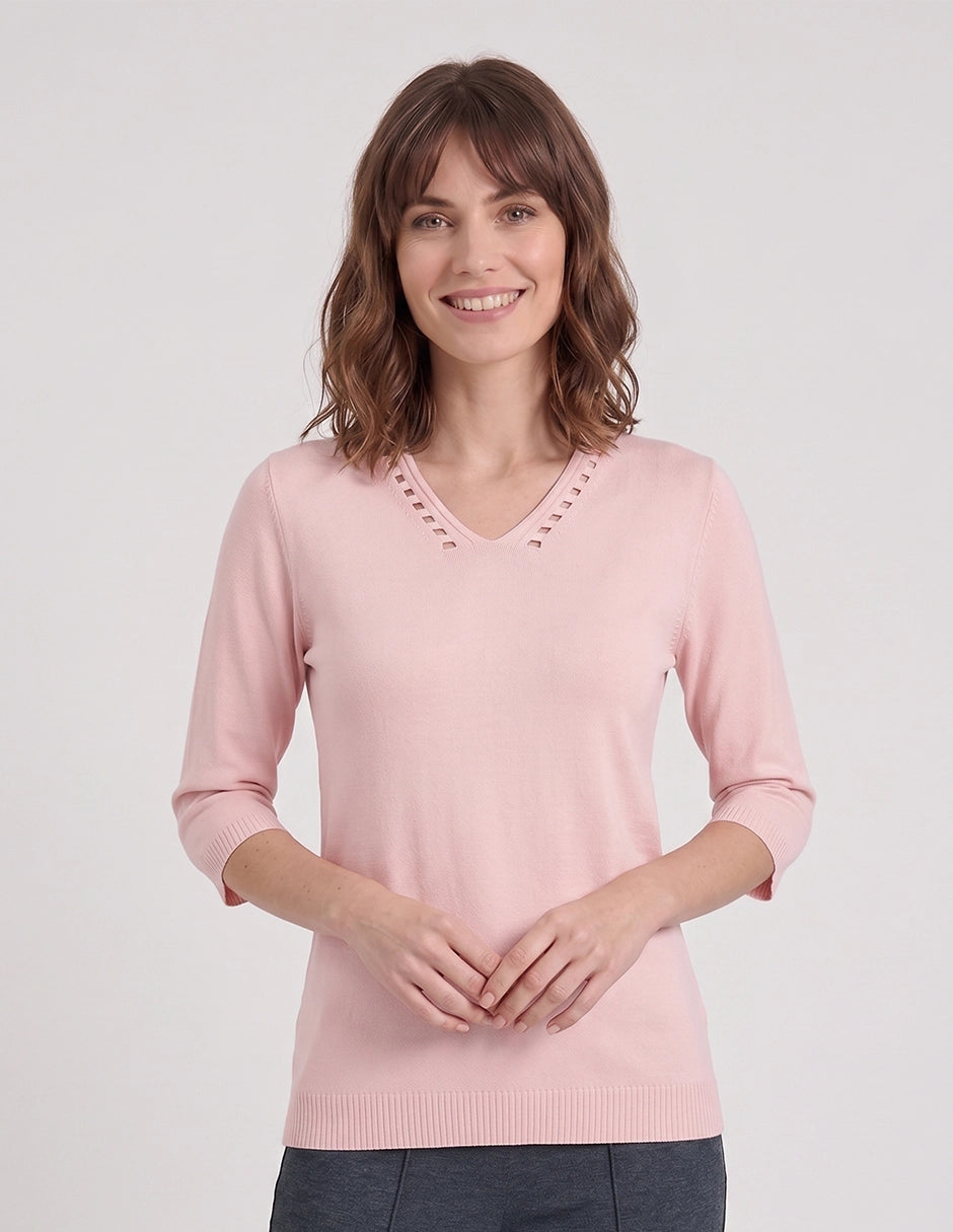 Blusa punto escote V calado manga 3/4 - Vitos