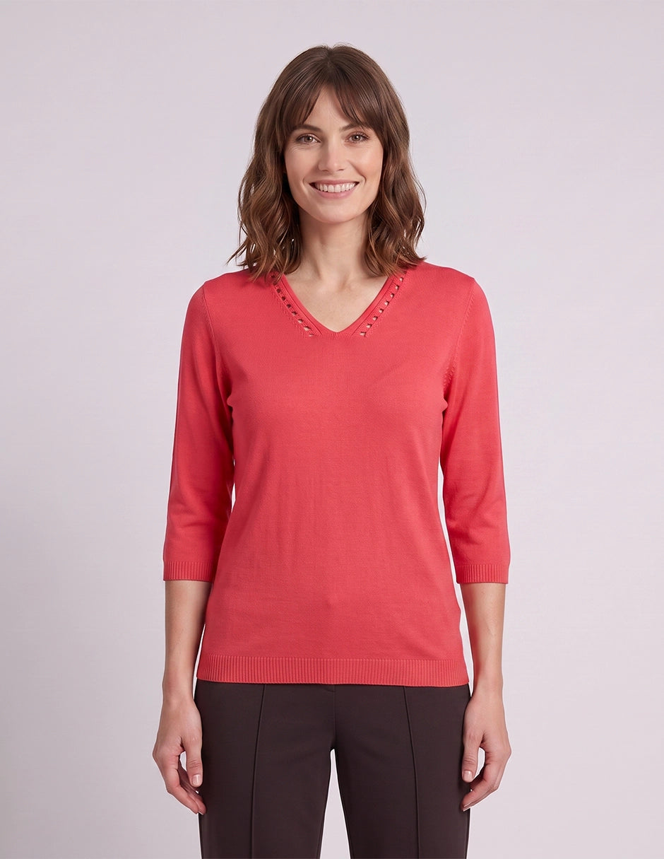 Blusa punto escote V calado manga 3/4, color carmin - Vitos