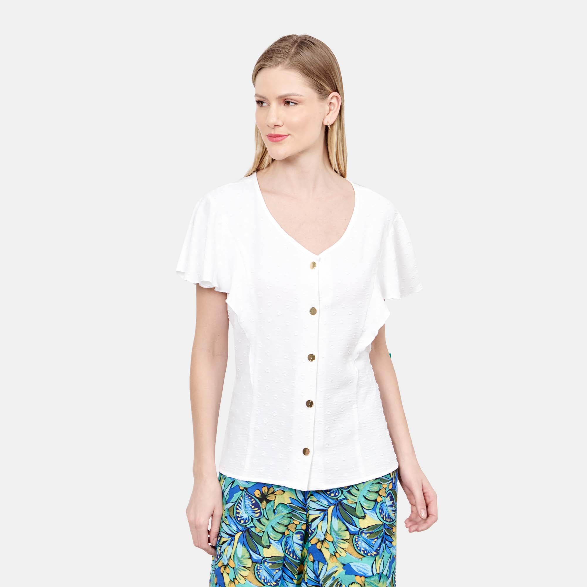Blusa escote V manga con holanes Cadereyta