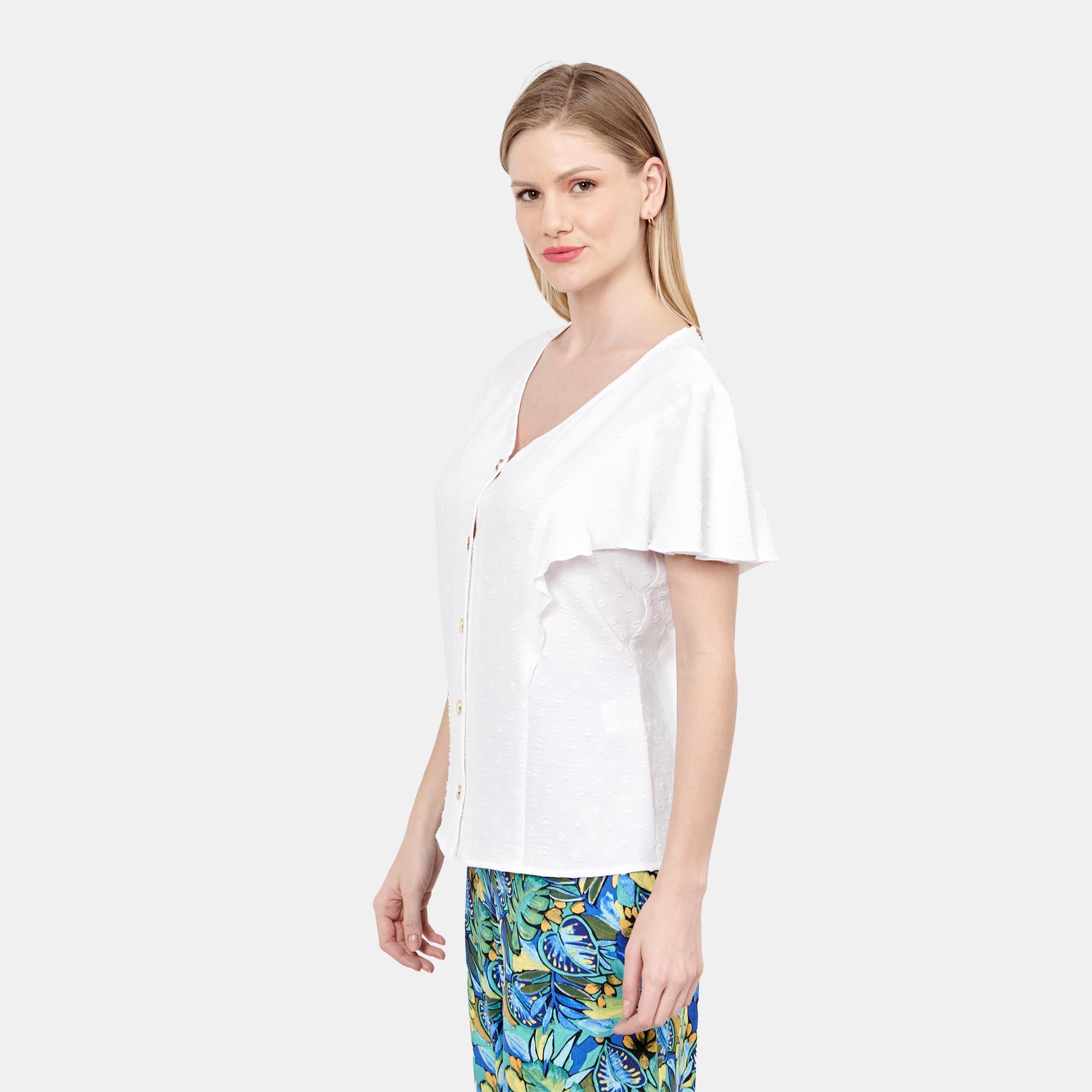 Blusa escote V manga con holanes Cadereyta