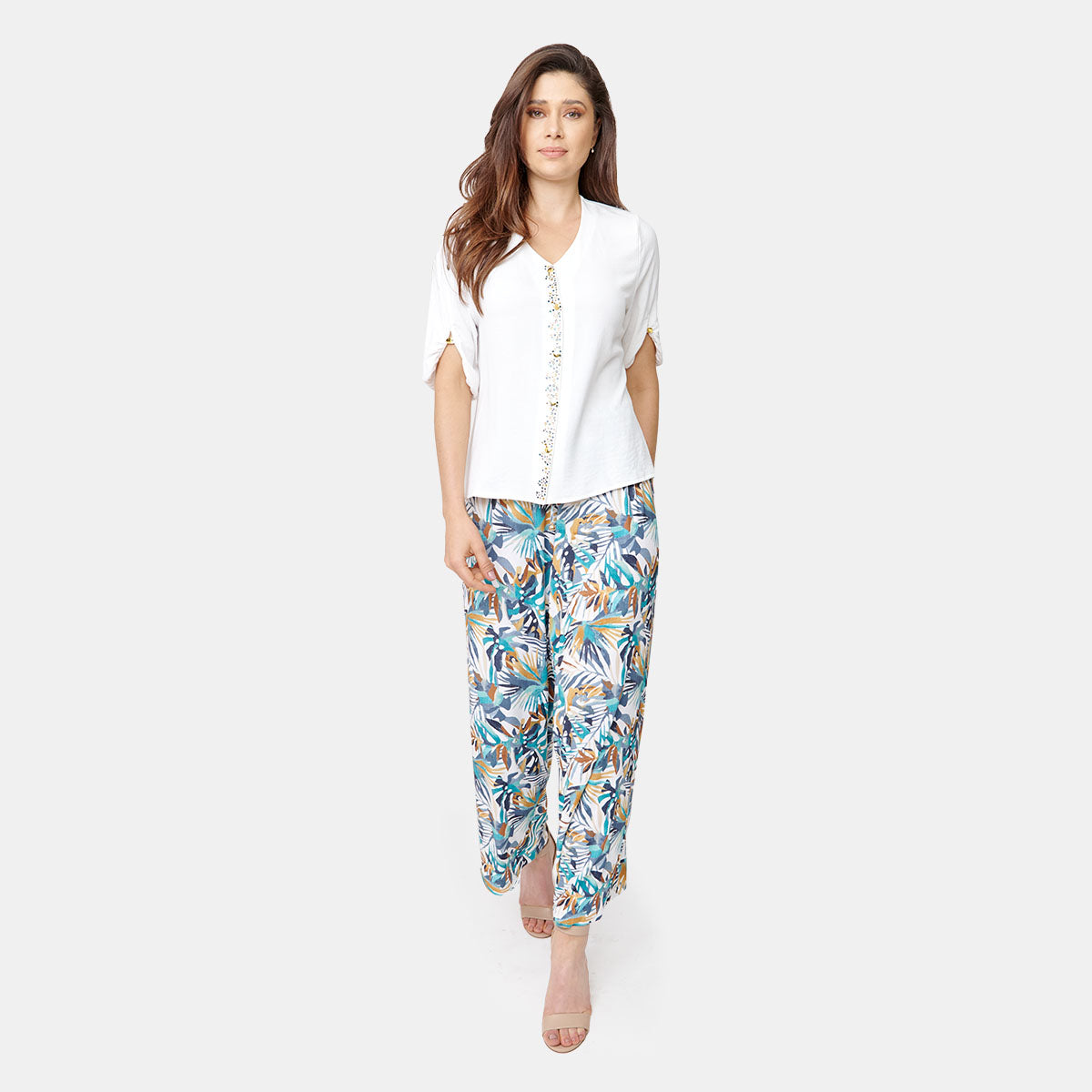 Pantalón estilo amplio con estampado tropical color turquesa para dama marca Vitos